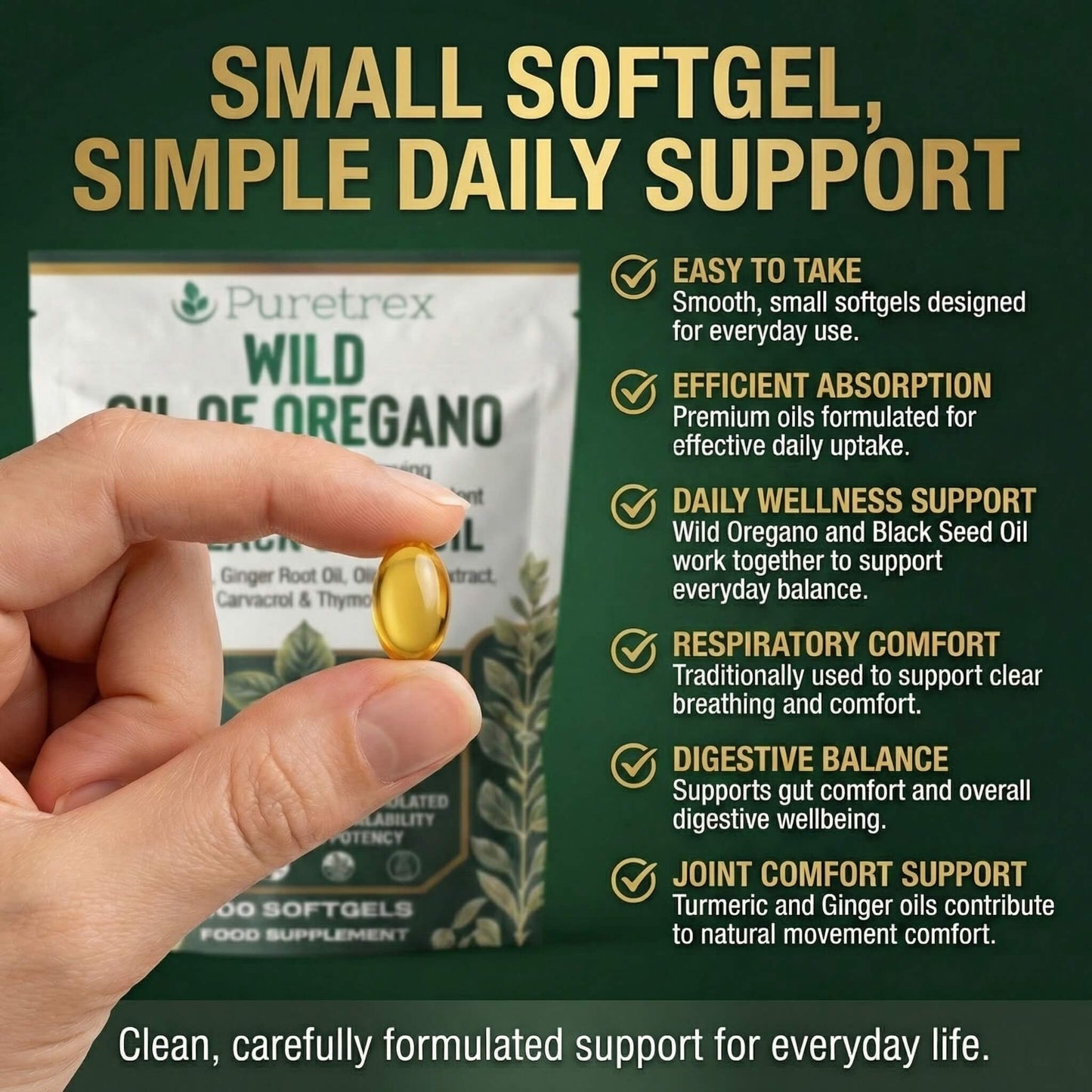 PURETREX Wild Oil of Oregano 6000mg softgel – easy to take, supports wellness, respiratory comfort, digestive balance and joint support