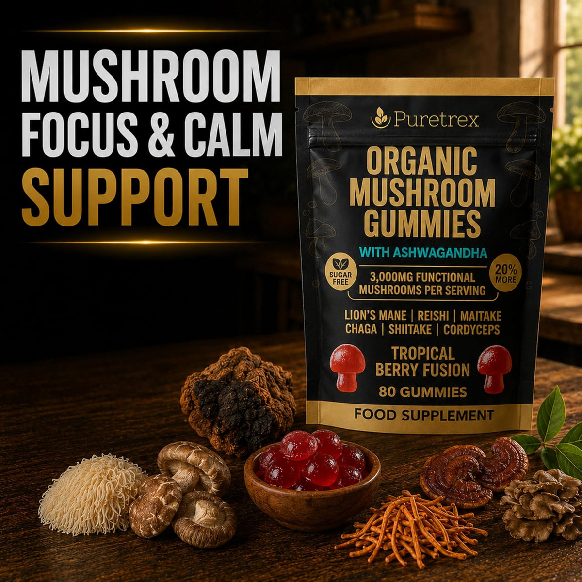 Puretrex Organic Mushroom Gummies package standing on a wooden surface, surrounded by assorted mushrooms, a small bowl of red gummies, and dried herbs. Large promotional text on the left reads 'MUSHROOM FOCUS & CALM SUPPORT.