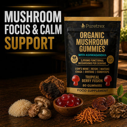 Puretrex Organic Mushroom Gummies package standing on a wooden surface, surrounded by assorted mushrooms, a small bowl of red gummies, and dried herbs. Large promotional text on the left reads 'MUSHROOM FOCUS & CALM SUPPORT.