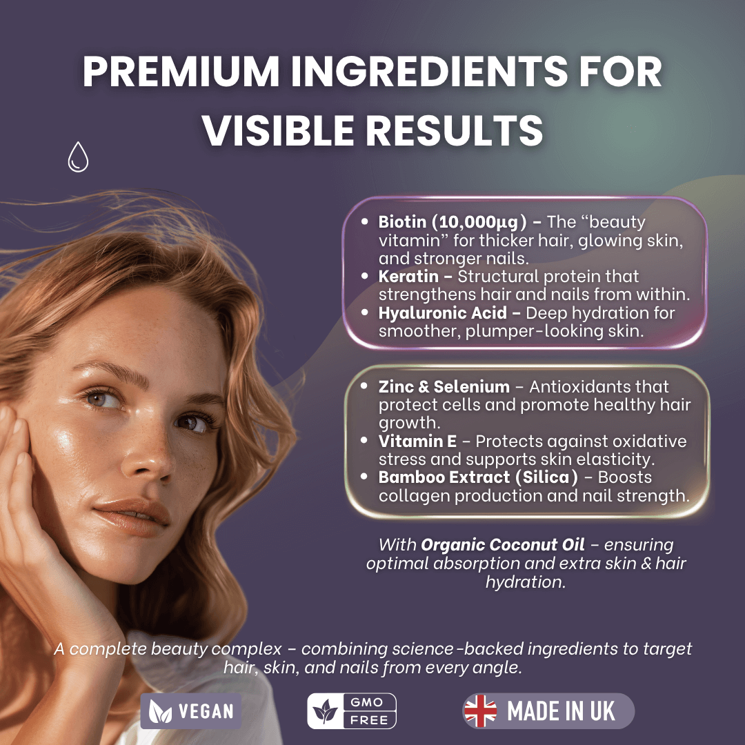 Advertisement for a skincare product with a woman's face and listed ingredients on a dark background.