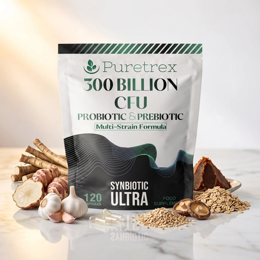 Puretrex 300 Billion CFU Probiotic & Prebiotic Synbiotic Ultra food supplement pouch, surrounded by its natural ingredients including garlic, turmeric, oats, and brown sugar, on a white marble surface with a soft warm background.