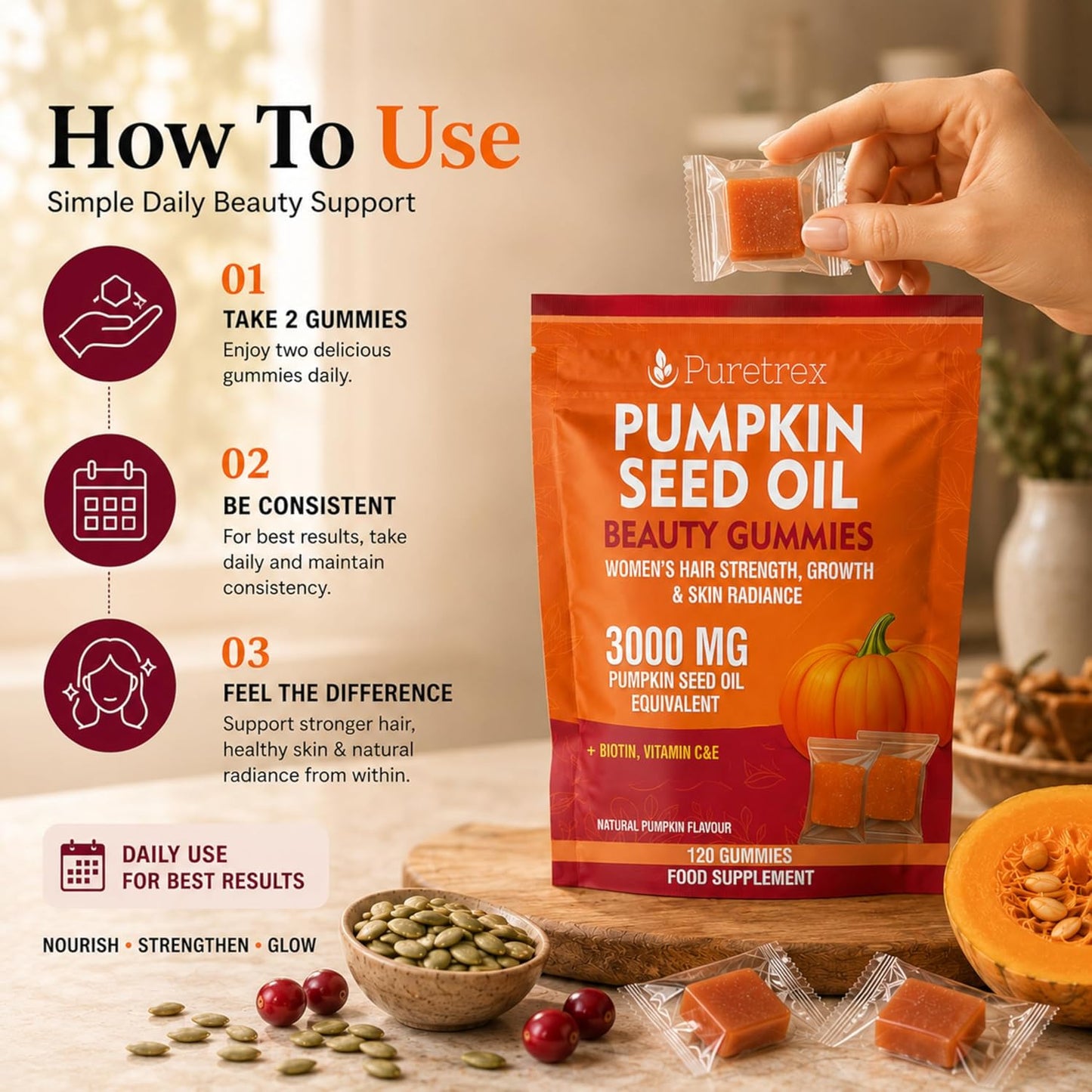 Puretrex Pumpkin Seed Oil Beauty Gummies packaging with usage instructions on a wooden surface.