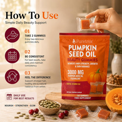 Puretrex Pumpkin Seed Oil Beauty Gummies packaging with usage instructions on a wooden surface.