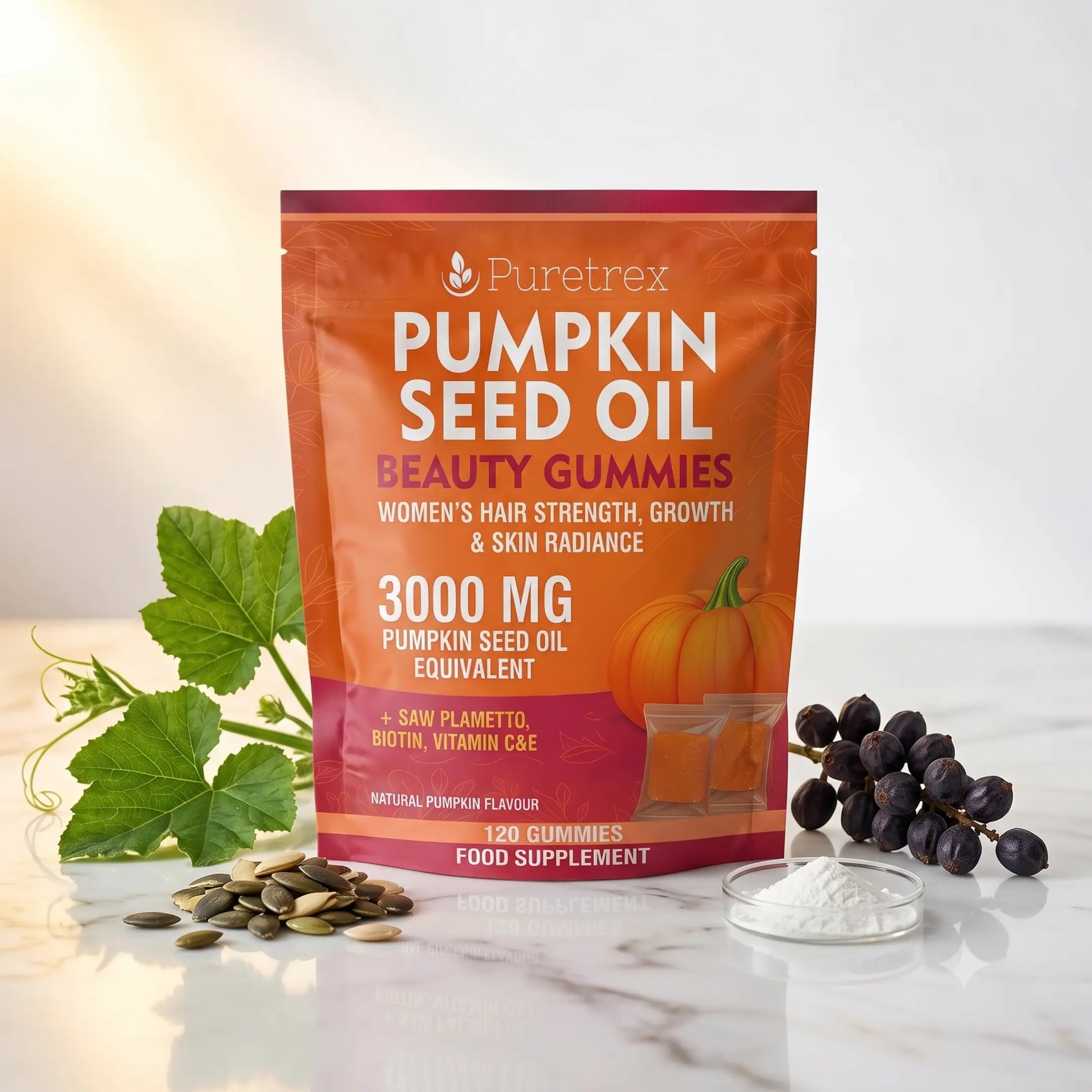 Puretrex Pumpkin Seed Oil Beauty Gummies in an orange stand-up pouch, styled on a white marble surface with pumpkin seeds, green pumpkin leaves, and dark grapes.