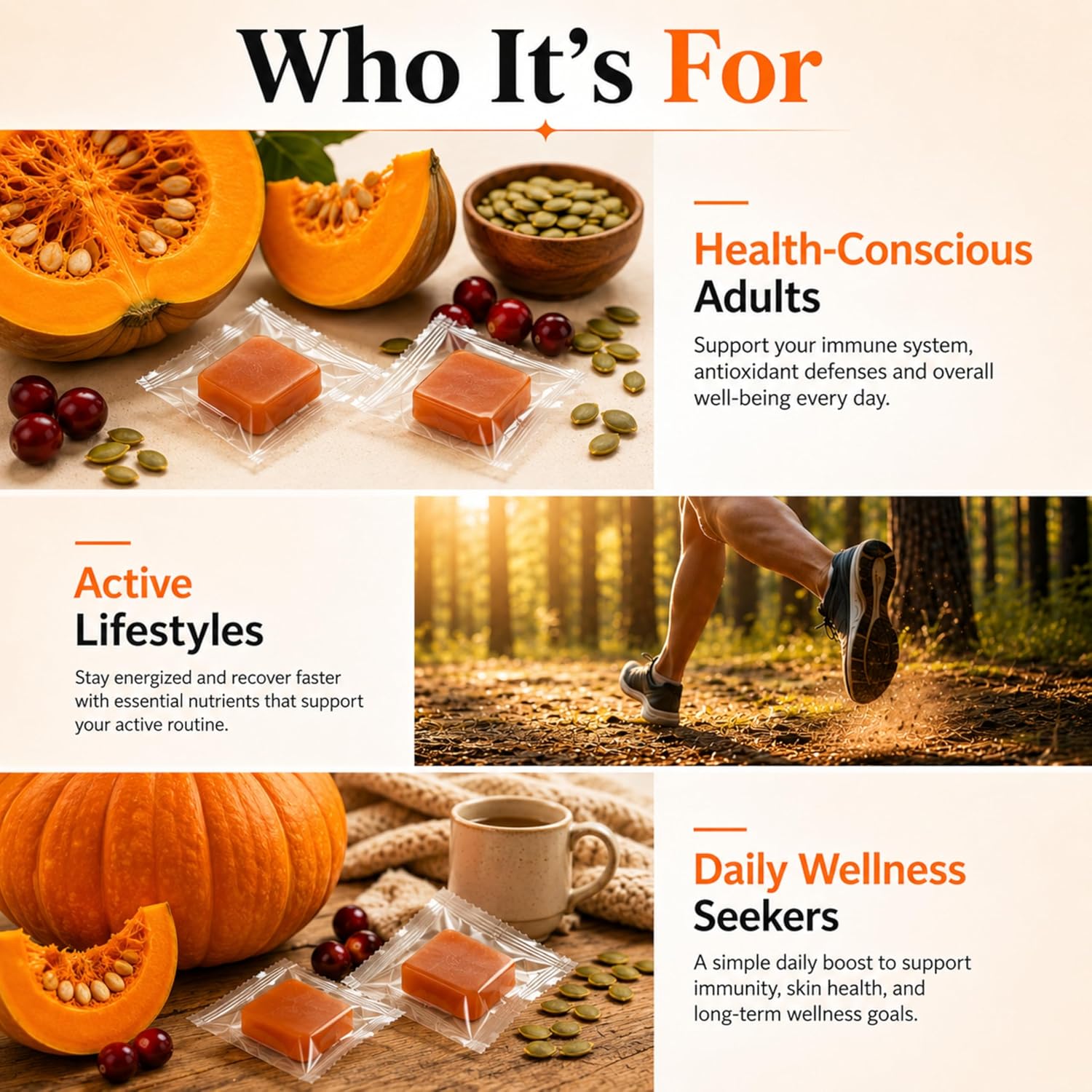 Product packaging with pumpkins, nuts, and a cup of coffee, labeled for health-conscious adults, active lifestyles, and daily wellness seekers.
