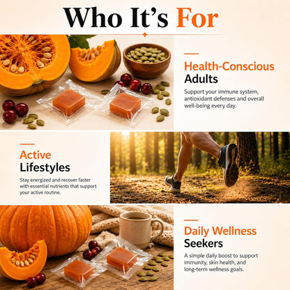 Product packaging with pumpkins, nuts, and a cup of coffee, labeled for health-conscious adults, active lifestyles, and daily wellness seekers.