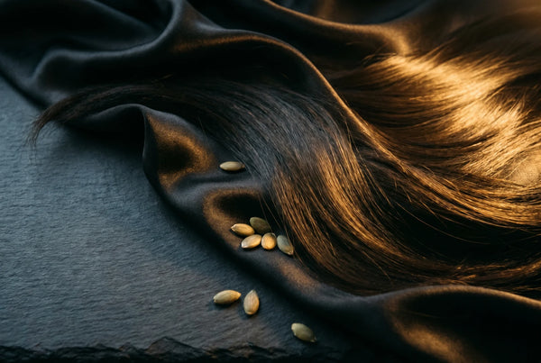 Dark flowing hair strands on wooden surface representing pumpkin seed oil benefits for hair growth and scalp health