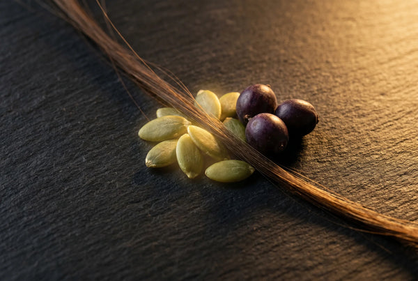 Saw palmetto berries and pumpkin seeds on dark surface representing dual-action botanical formula
