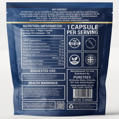 Supplement Facts for PURETREX 5-MTHF Complex showing dosage, ingredients, and nutritional values of active folate, Vitamin B6, and Vitamin B12