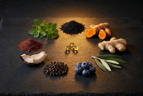 Nine botanical ingredients arranged around golden softgels — one formula replaces multiple supplements