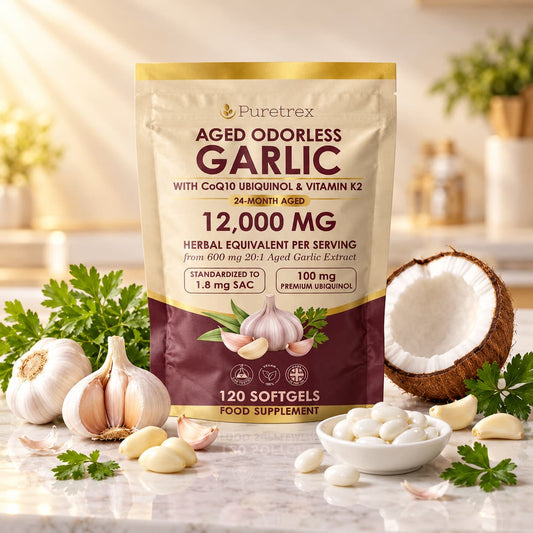 PURETREX Aged Odourless Garlic 12,000mg with CoQ10 Ubiquinol and Vitamin K2, 120 softgels, front of pouch on a white marble surface with fresh garlic bulbs, parsley, coconut and softgels