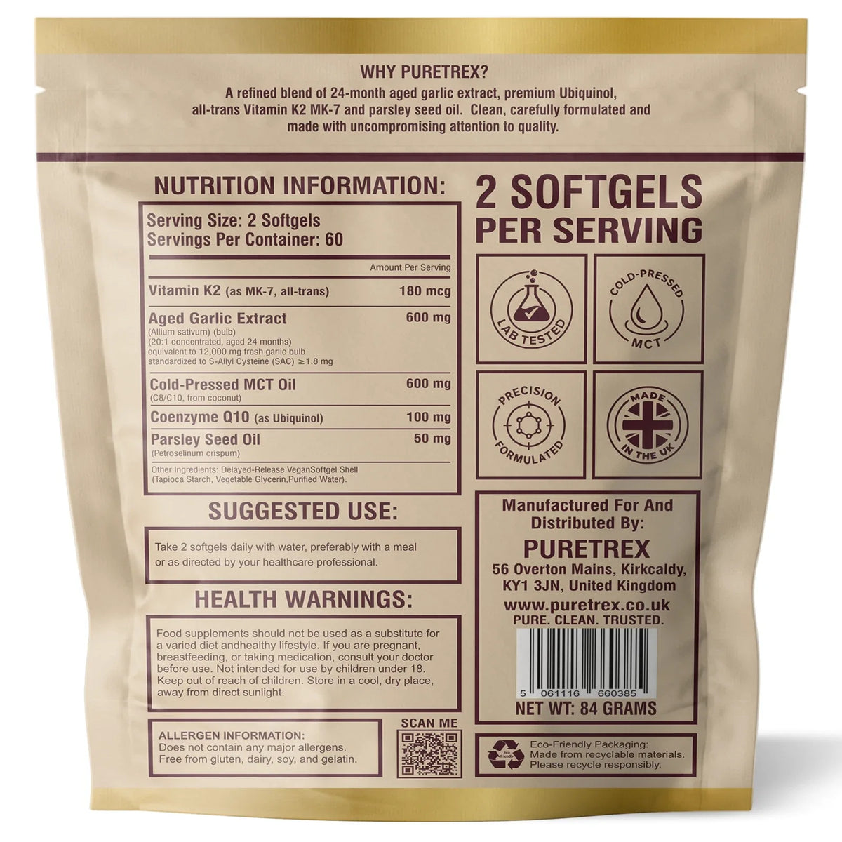 Back of the PURETREX Aged Odourless Garlic pouch showing nutrition information, suggested use, health warnings and allergen information
