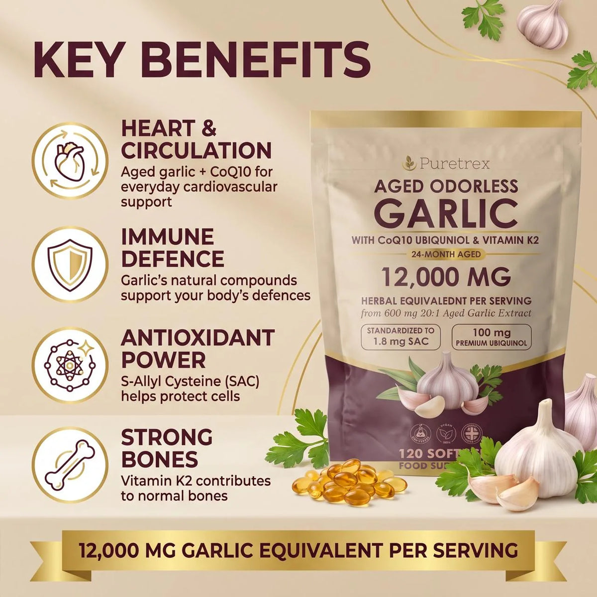 Key features infographic for PURETREX Aged Odourless Garlic with CoQ10 Ubiquinol and Vitamin K2, showing the pouch with garlic bulbs, parsley and softgels, 12,000mg garlic equivalent per serving