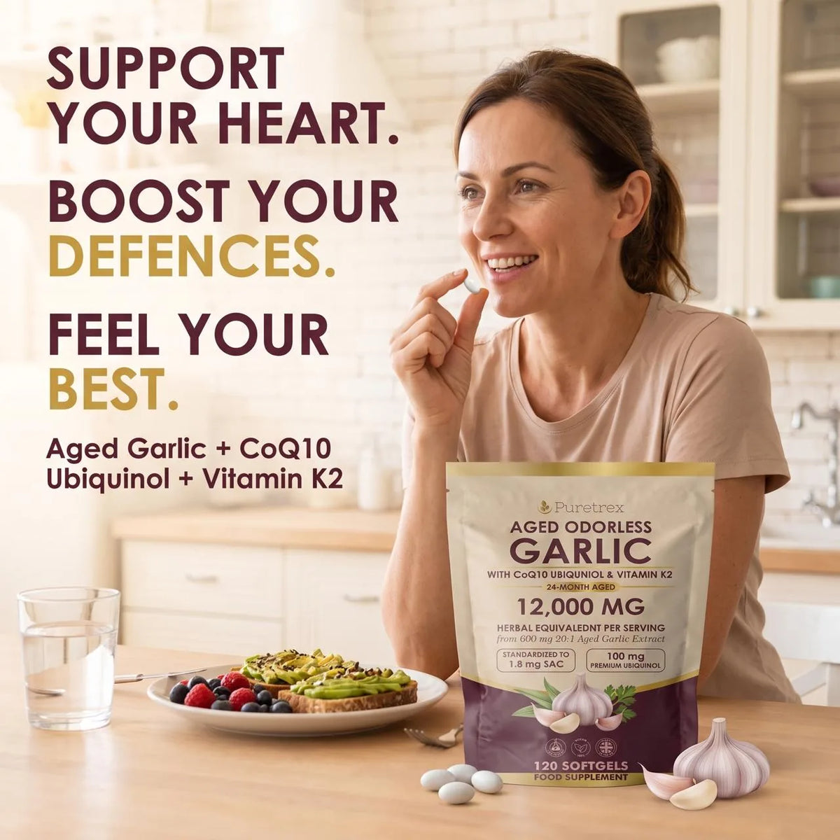 Woman taking a PURETREX Aged Odourless Garlic softgel at a kitchen table with breakfast, a glass of water and the pouch