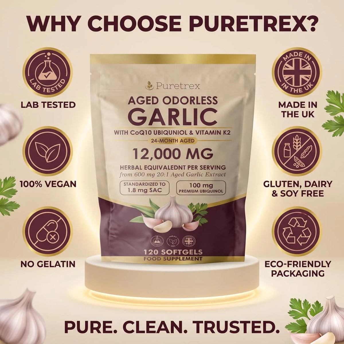 PURETREX Aged Odourless Garlic pouch on a podium with quality badges: lab tested, 100% vegan, no gelatin, made in the UK, gluten, dairy and soy free, eco-friendly packaging