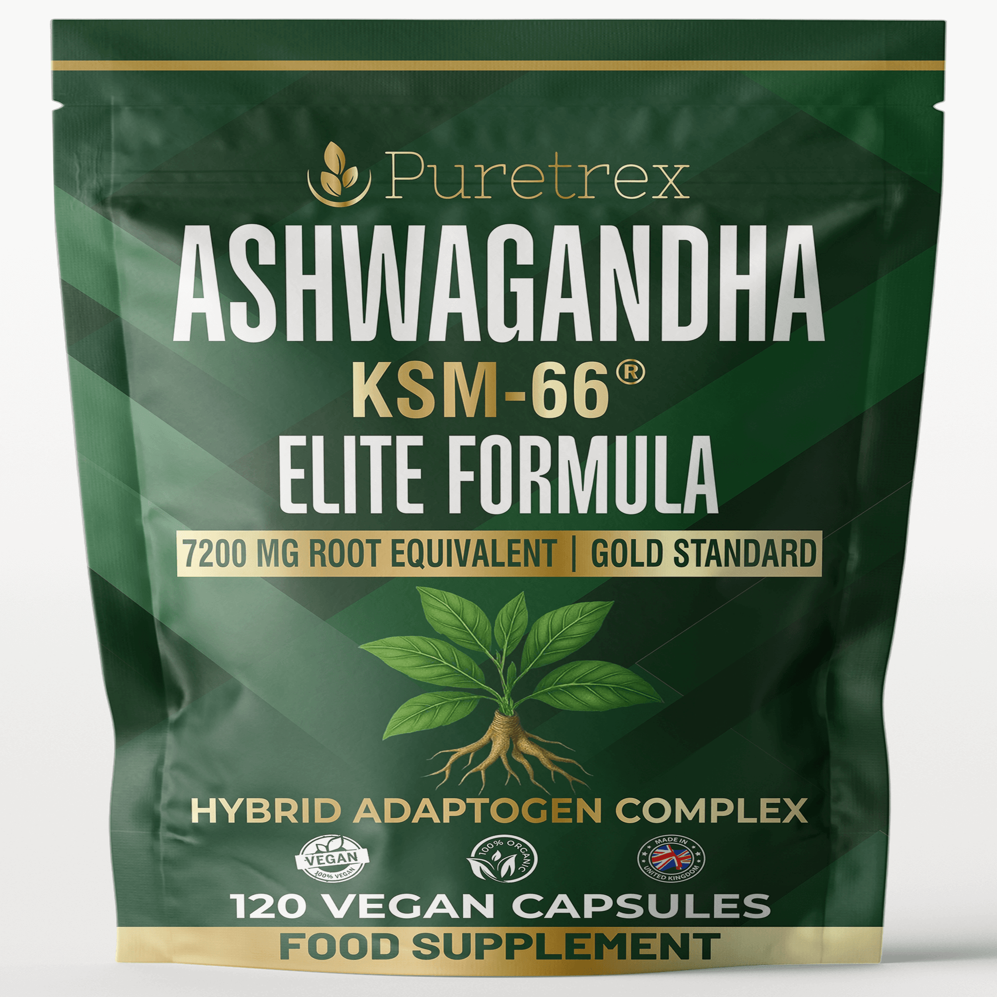 PURETREX Ashwagandha KSM-66 Elite Formula supplement pouch, 7200mg root equivalent hybrid adaptogen complex, 120 vegan capsules for stress relief and energy balance