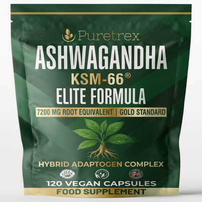 PURETREX Ashwagandha KSM-66 Elite Formula supplement pouch, 7200mg root equivalent hybrid adaptogen complex, 120 vegan capsules and energy balance
