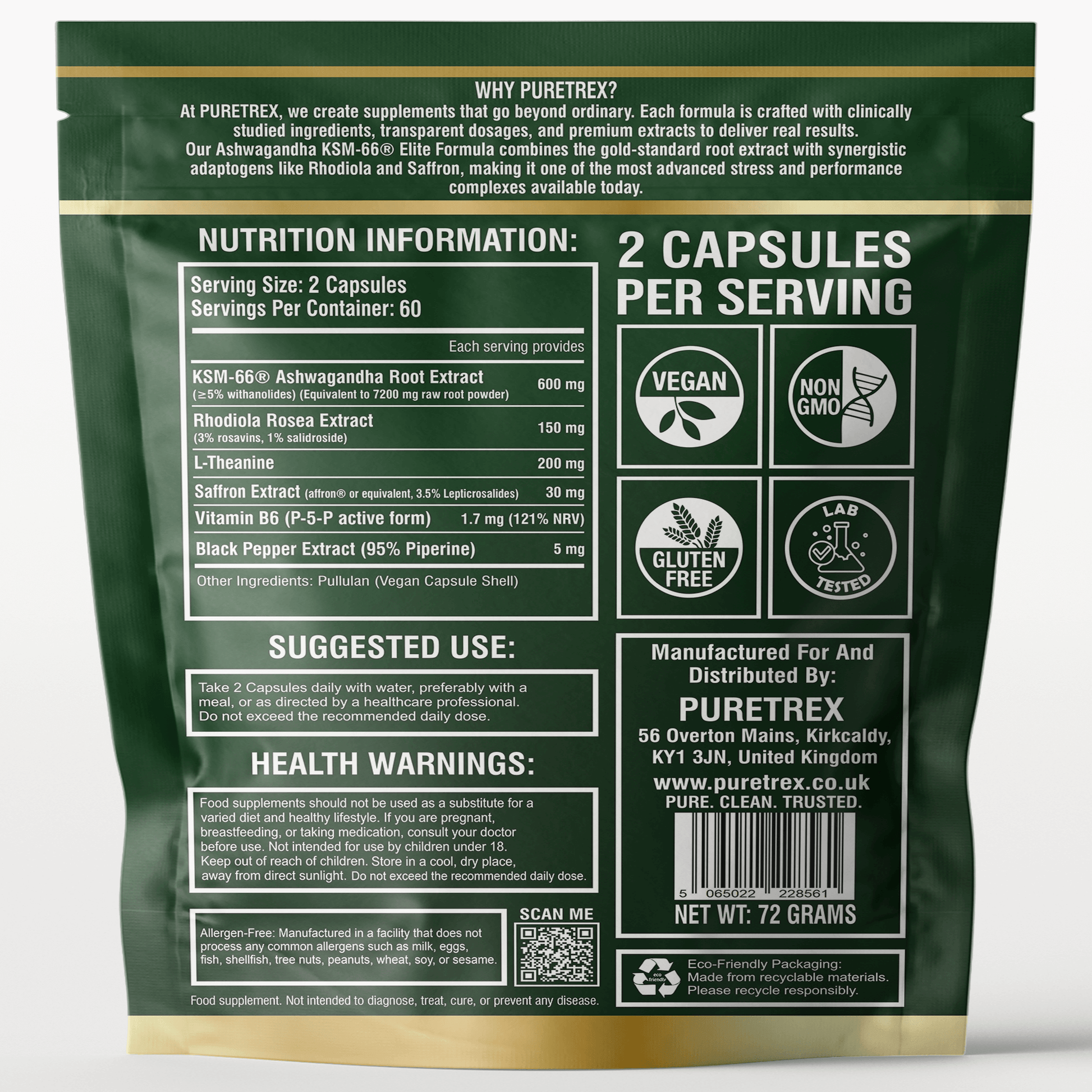Supplement Facts for PURETREX Ashwagandha KSM-66 Elite Formula showing dosage, ingredient details, and nutritional information