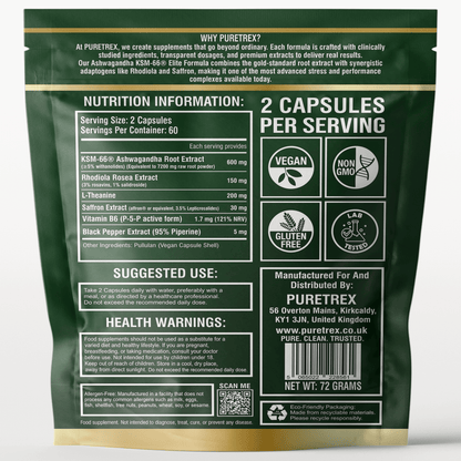 Supplement Facts for PURETREX Ashwagandha KSM-66 Elite Formula showing dosage, ingredient details, and nutritional information