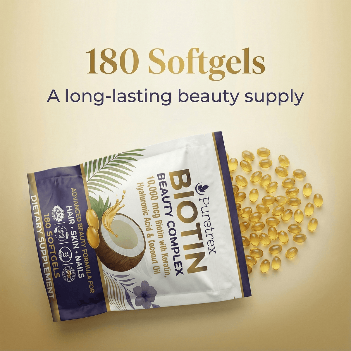 Product image showing PURETREX Biotin Beauty Complex bottle alongside numerous softgel capsules and text stating 180 softgels, indicating a long lasting beauty supplement supply with a focus on hair, skin and nails support