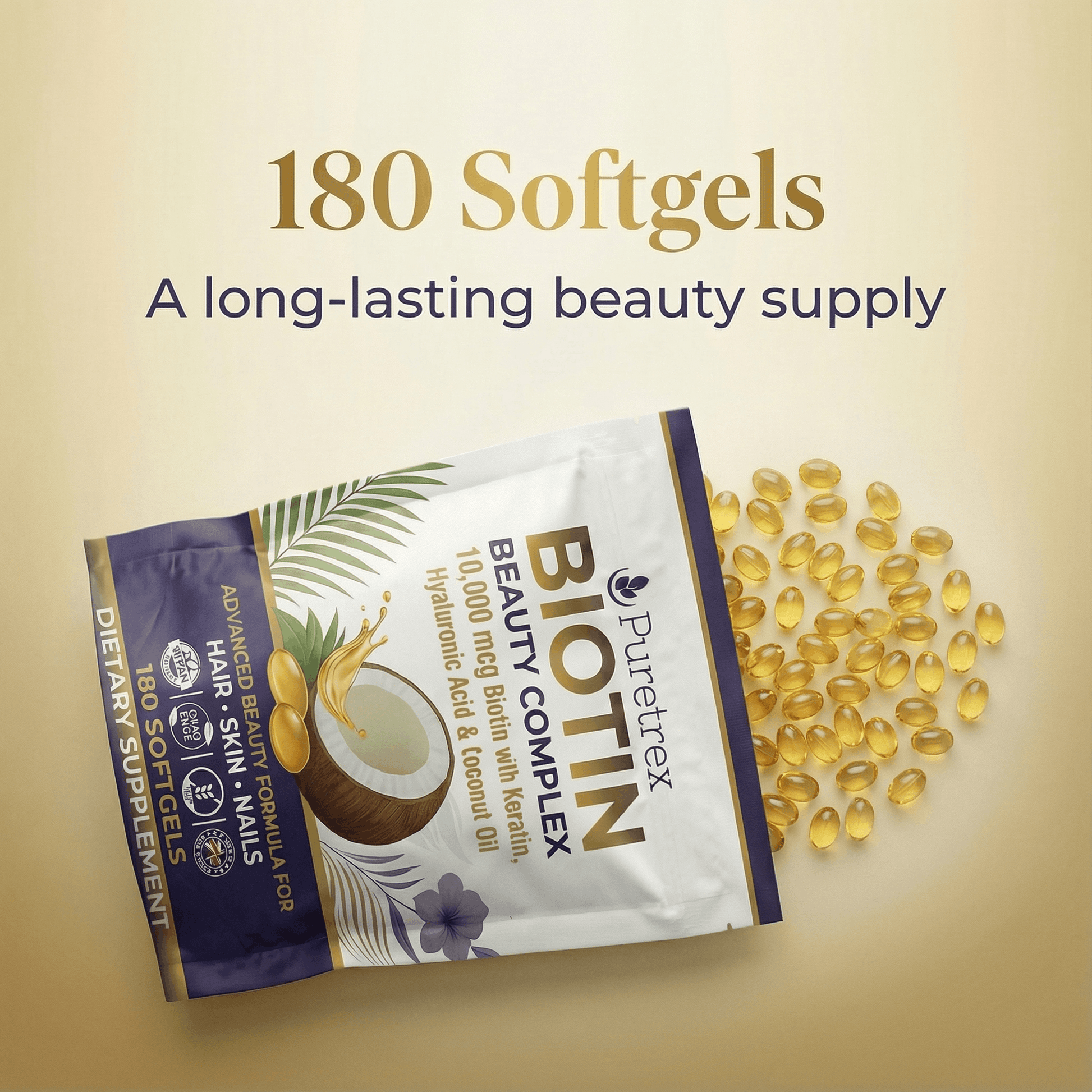 Product image showing PURETREX Biotin Beauty Complex bottle alongside numerous softgel capsules and text stating 180 softgels, indicating a long lasting beauty supplement supply with a focus on hair, skin and nails support