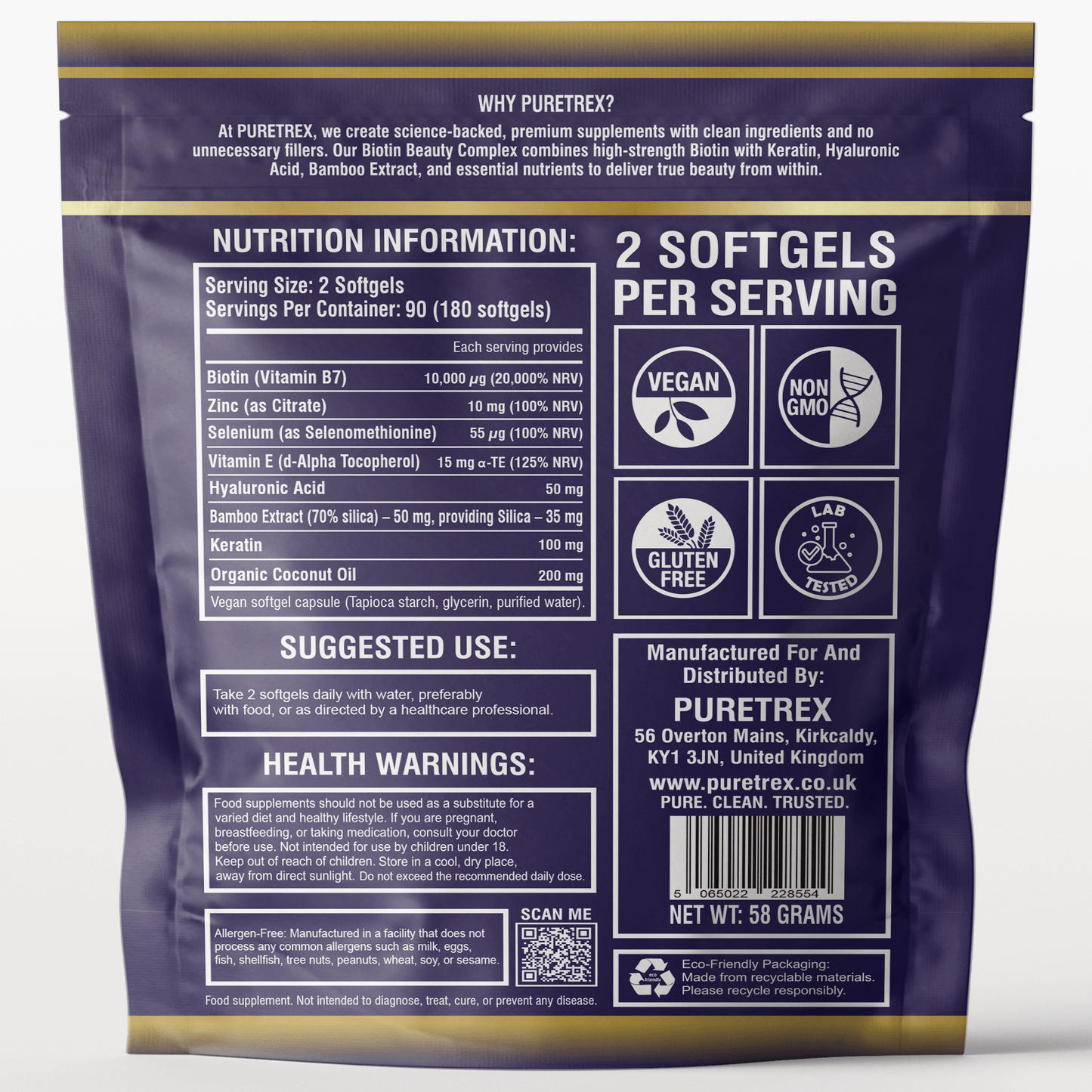 Back view of PURETREX Biotin Beauty Complex packaging displaying the supplement facts panel, ingredient list, serving size of two softgels, usage directions, storage instructions, safety warnings and manufacturer information clearly printed on the label