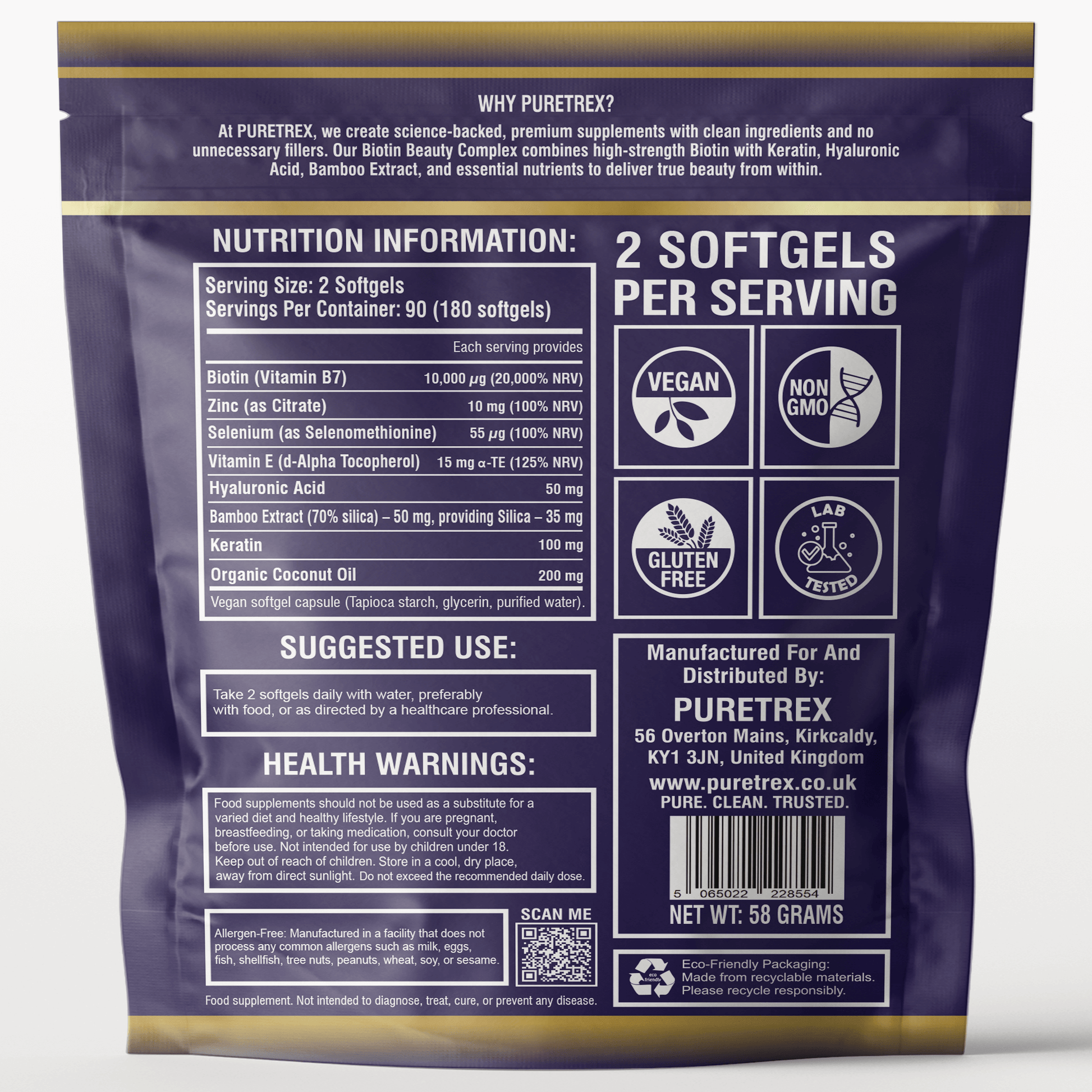 Back view of PURETREX Biotin Beauty Complex packaging displaying the supplement facts panel, ingredient list, serving size of two softgels, usage directions, storage instructions, safety warnings and manufacturer information clearly printed on the label