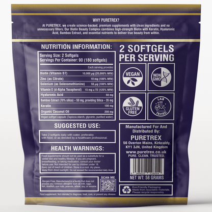 Back view of PURETREX Biotin Beauty Complex packaging displaying the supplement facts panel, ingredient list, serving size of two softgels, usage directions, storage instructions, safety warnings and manufacturer information clearly printed on the label