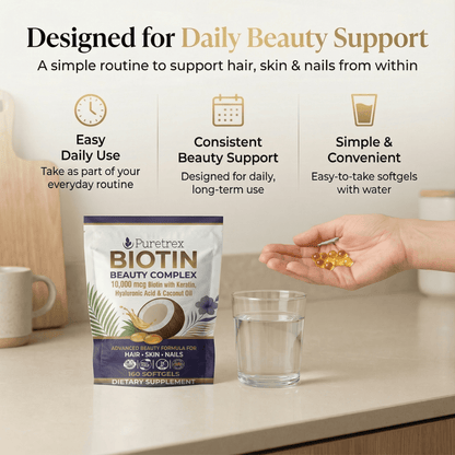 Lifestyle image showing PURETREX Biotin Beauty Complex bottle on a kitchen counter with a glass of water and softgel capsules, accompanied by text explaining that the supplement is designed for daily beauty support with an easy to use and consistent routine