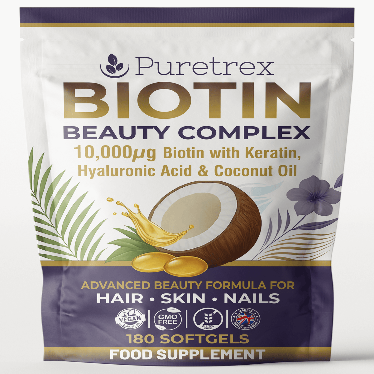 Front view of PURETREX Biotin Beauty Complex food supplement pouch on a clean white background, showing the brand name Puretrex and large Biotin Beauty Complex title, text stating 10,000 micrograms of biotin with keratin, hyaluronic acid and coconut oil, visual illustration of a coconut with oil splash and softgel capsules, decorative leaves and flowers, icons indicating vegan friendly, GMO free and high quality standards, and text highlighting advanced beauty formula for hair, skin and nails with 180 softg