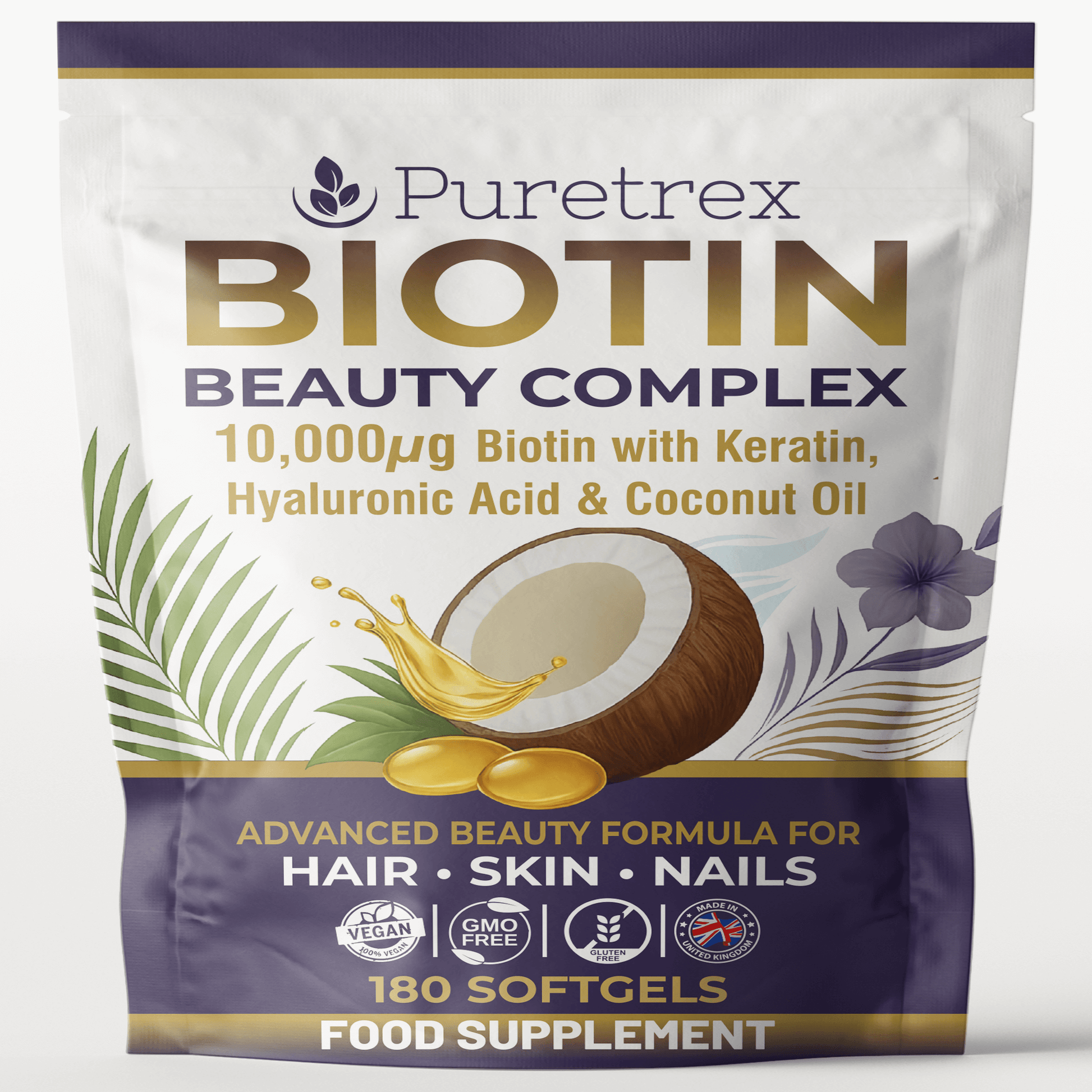 Front view of PURETREX Biotin Beauty Complex food supplement pouch on a clean white background, showing the brand name Puretrex and large Biotin Beauty Complex title, text stating 10,000 micrograms of biotin with keratin, hyaluronic acid and coconut oil, visual illustration of a coconut with oil splash and softgel capsules, decorative leaves and flowers, icons indicating vegan friendly, GMO free and high quality standards, and text highlighting advanced beauty formula for hair, skin and nails with 180 softg