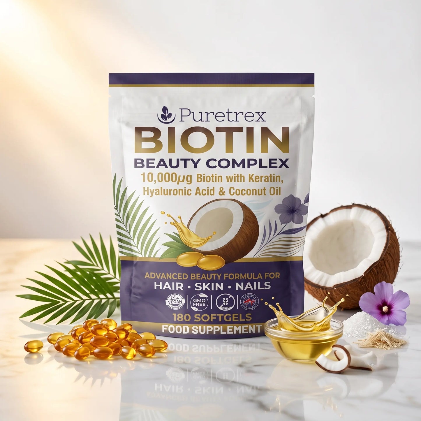 PURETREX Biotin Beauty Complex food supplement front pouch shown on a white marble surface with coconut, golden capsules and fresh botanicals, biotin formula in premium packaging