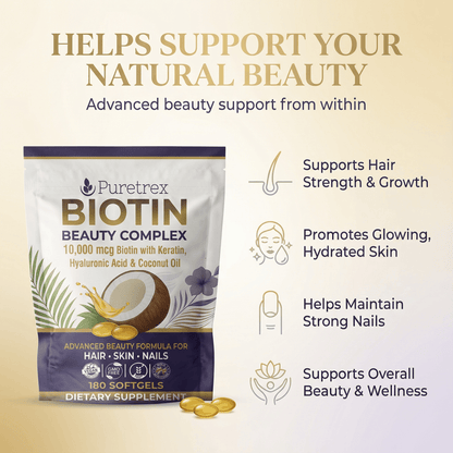Promotional image showing PURETREX Biotin Beauty Complex supplement packaging on a soft beige background with text stating helps support your natural beauty, including benefits for hair, skin and nails, and icons highlighting advanced beauty support and daily supplementation