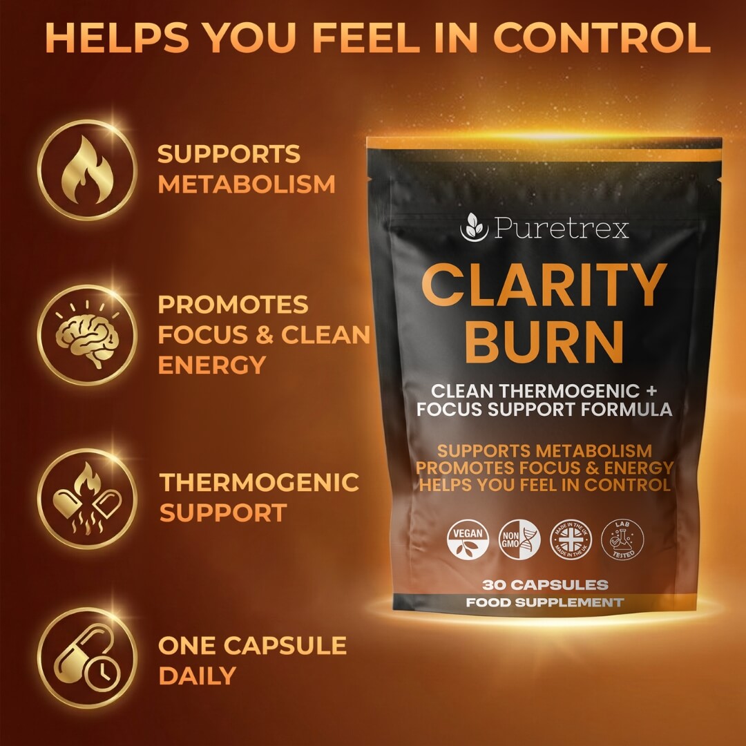 Puretrex Clarity Burn benefits image highlighting metabolism support, focus, clean energy and thermogenic support