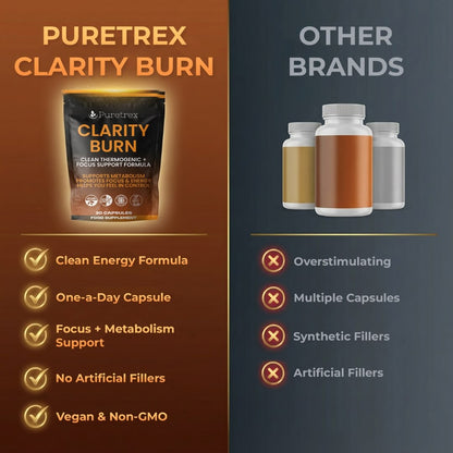 Why choose Puretrex Clarity Burn comparison highlighting clean formula, capsule format, transparent ingredients and focus support benefits