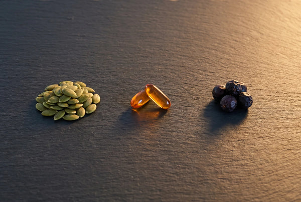 Cold pressed pumpkin seed oil softgel capsule with raw seeds showing clean two-ingredient saw palmetto formula