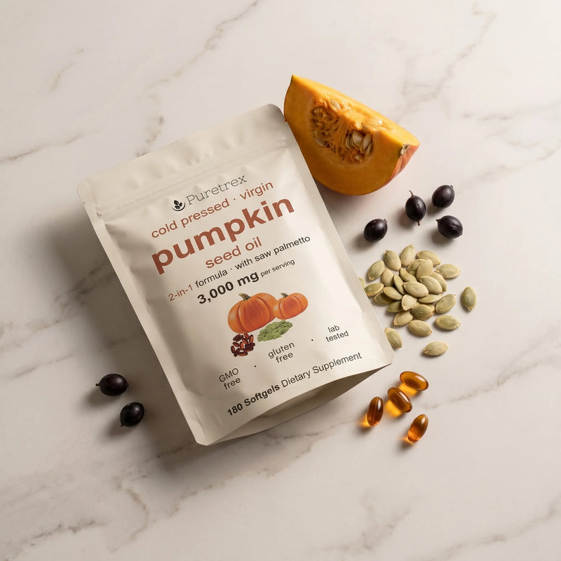 Puretrex Cold Pressed Virgin Pumpkin Seed Oil 3000mg pouch with saw palmetto softgels pumpkin seeds and pumpkin slice on marble surface