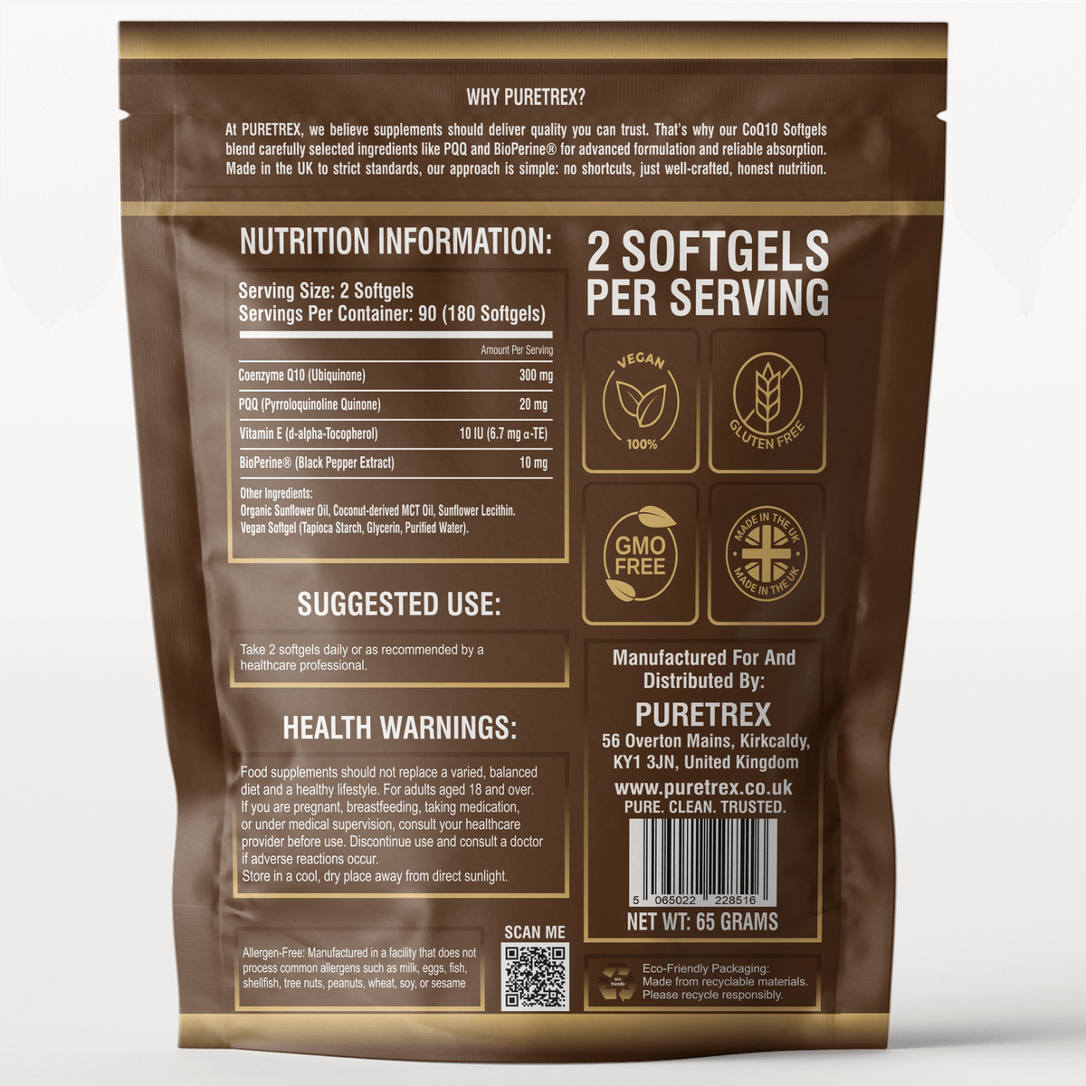 Back label of PURETREX CoQ10 Softgels 300mg with PQQ and BioPerine – Ingredients, Nutrition Information, and Directions for Use