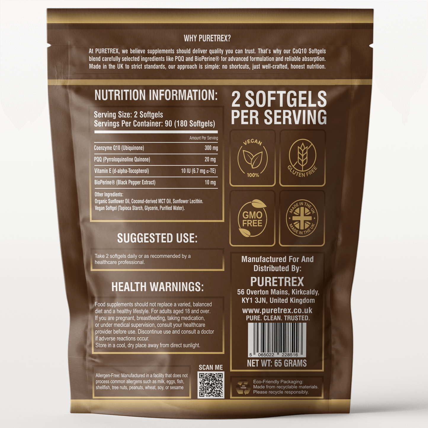 Back label of PURETREX CoQ10 Softgels 300mg with PQQ and BioPerine – Ingredients, Nutrition Information, and Directions for Use