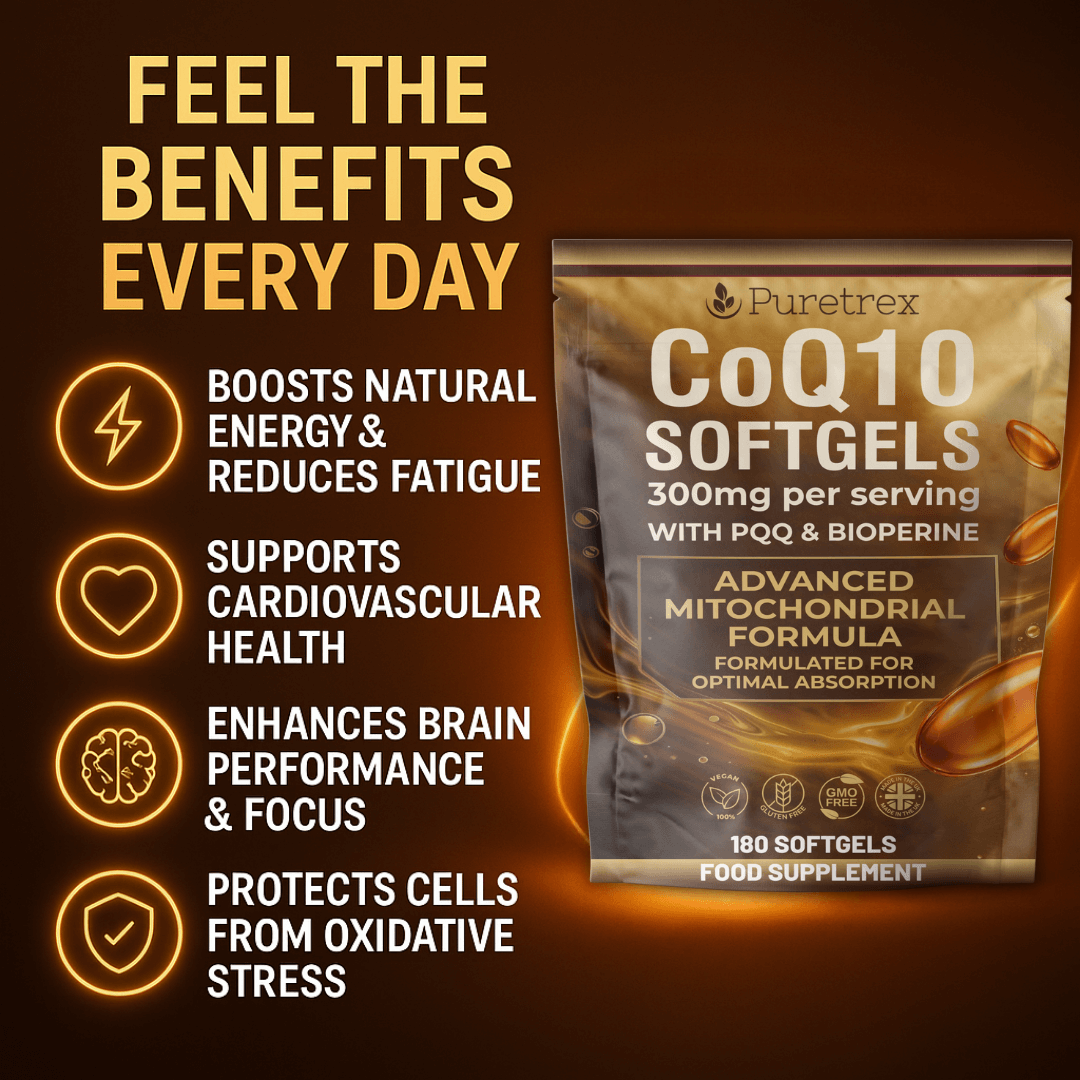 PURETREX CoQ10 Softgels 300mg with PQQ and BioPerine – daily benefits for energy, brain focus
