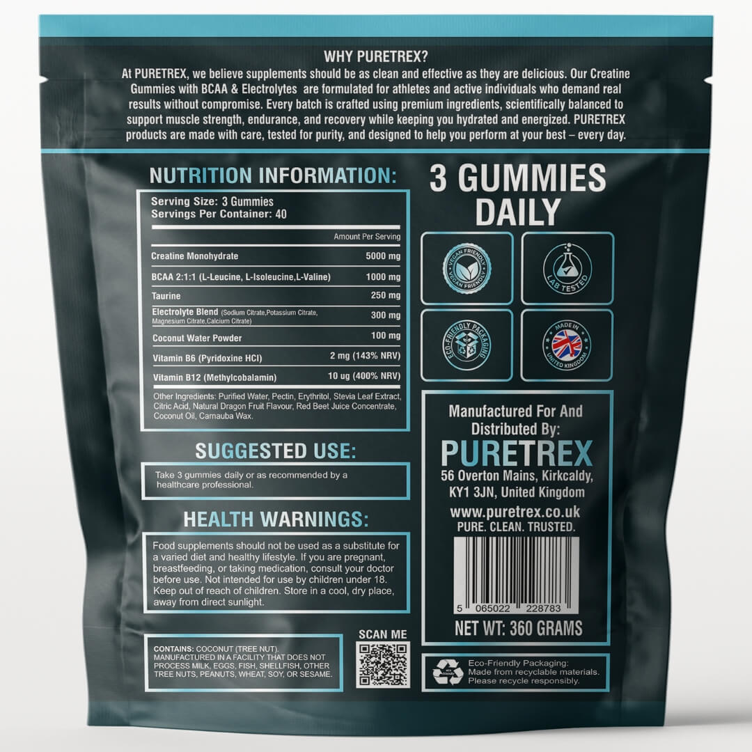 Back of Puretrex Creatine Gummies packaging showing nutrition information, ingredients, directions for use, warnings and product details