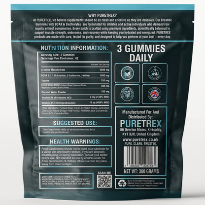Back of Puretrex Creatine Gummies packaging showing nutrition information, ingredients, directions for use, warnings and product details