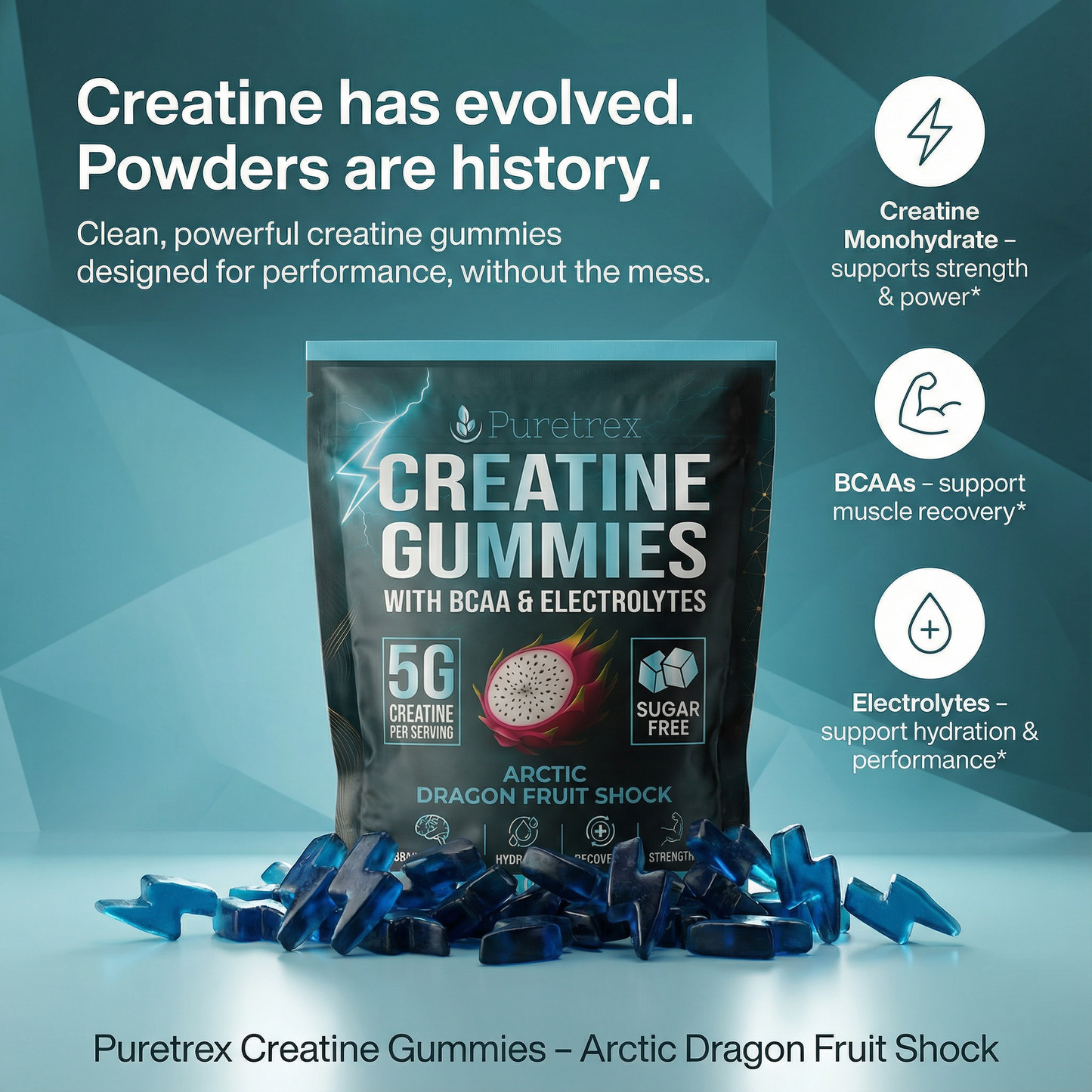 Puretrex Creatine Gummies image explaining modern creatine gummies with improved absorption, convenience and performance support