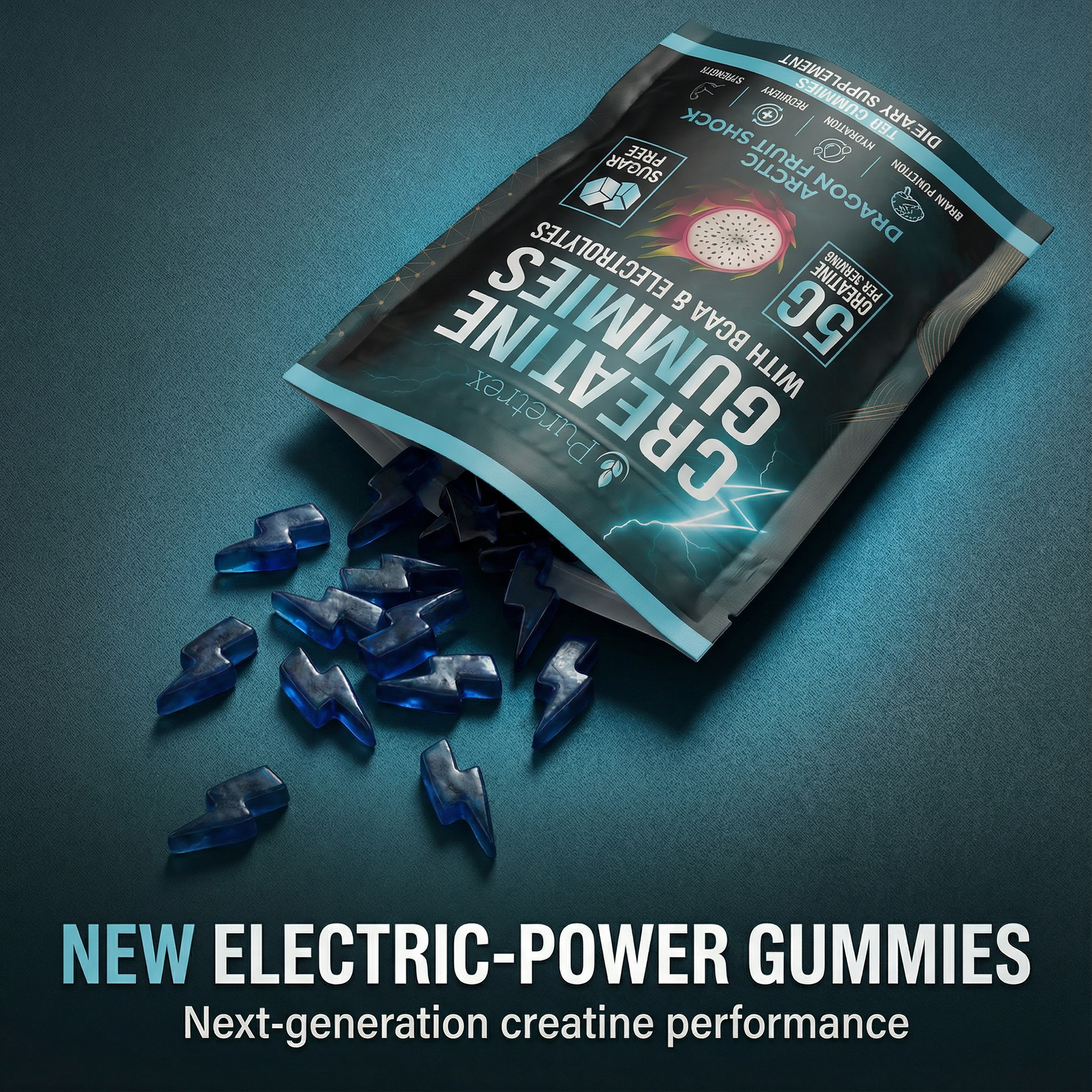 Puretrex Creatine Gummies electric power image showing next generation creatine gummies designed for strength, energy and recovery