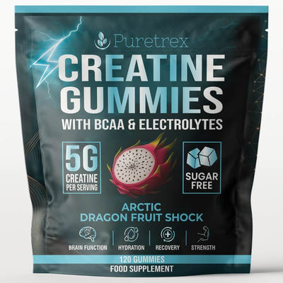 Puretrex Creatine Gummies front packaging showing 5 g creatine per serving with BCAA and electrolytes, sugar free gummy supplement in arctic dragon fruit flavour