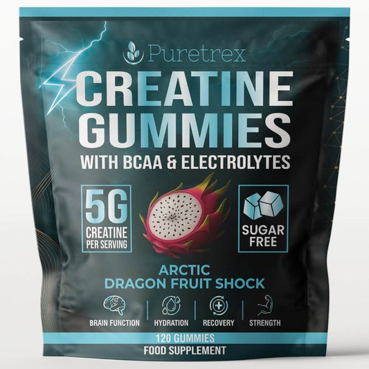 Puretrex Creatine Gummies front packaging showing 5 g creatine per serving with BCAA and electrolytes, sugar free gummy supplement in arctic dragon fruit flavour