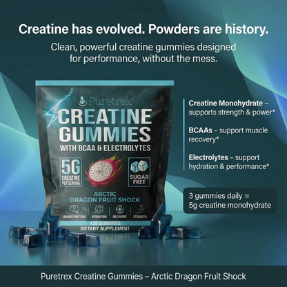 Puretrex Creatine Gummies image explaining that creatine powders are history with clean gummy supplementation for training and performance