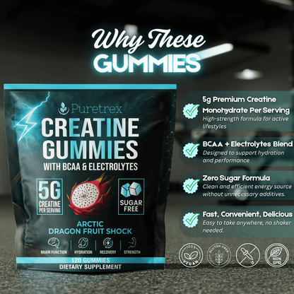 Why these Puretrex Creatine Gummies image highlighting performance benefits, clean formula and convenient gummy format compared to powders