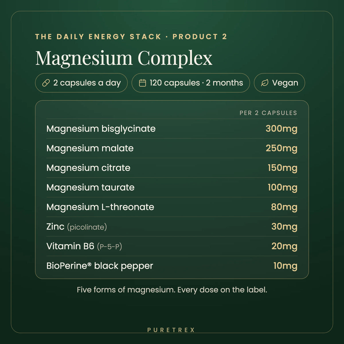 Magnesium Complex in the Daily Energy Stack: 2 capsules a day, 120 capsules for 2 months, five forms of magnesium with zinc, vitamin B6 and BioPerine