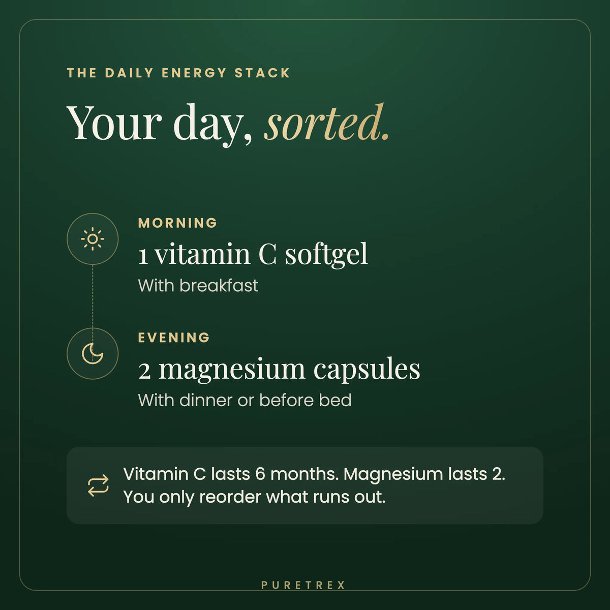 Daily Energy Stack routine: one vitamin C softgel with breakfast and two magnesium capsules in the evening